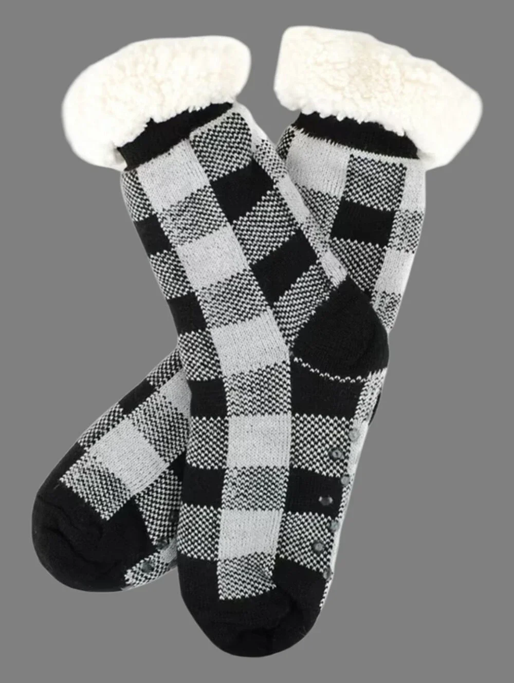 New Nollia Plush Sherpa Slipper Socks Buffalo Plaid Black White